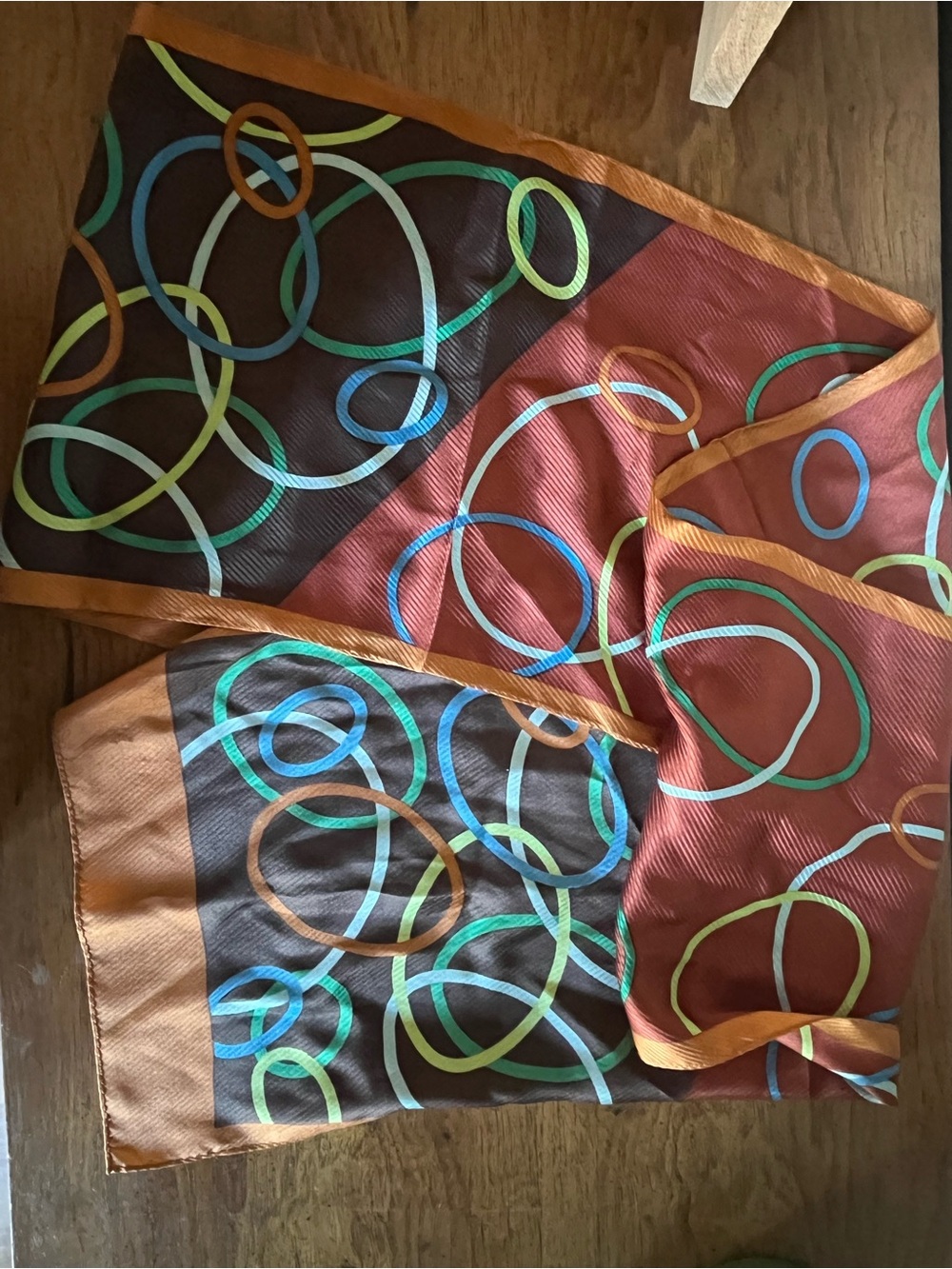 Harvé Benard Brown Scarf with Teal Blue and Green Ring Pattern